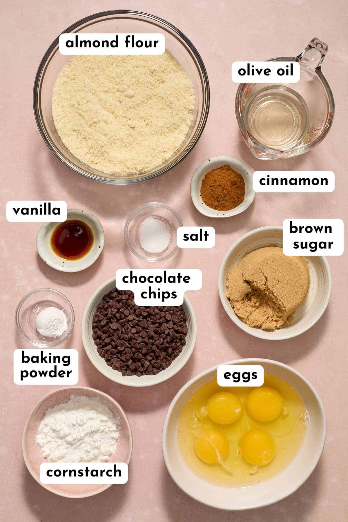 Muffin ingredients arranged individually and labeled.
