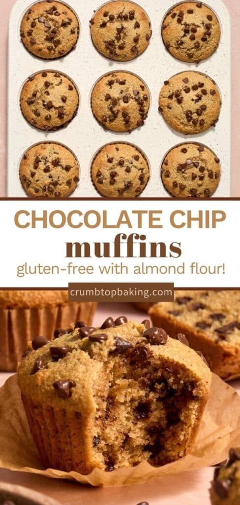 Pinterest image for almond flour cinnamon chocolate chip muffins - long pin with 2 images.