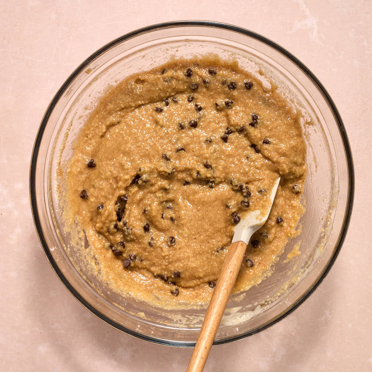Mini chocolate chips stirred into the batter with a spatula.