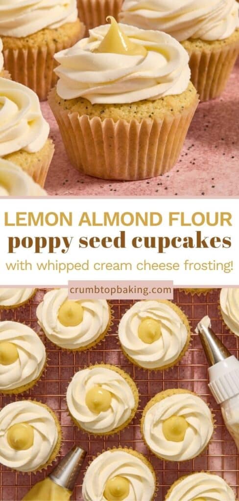 Pinterest image for almond flour lemon poppy seed cupcakes - long pin with 2 images.