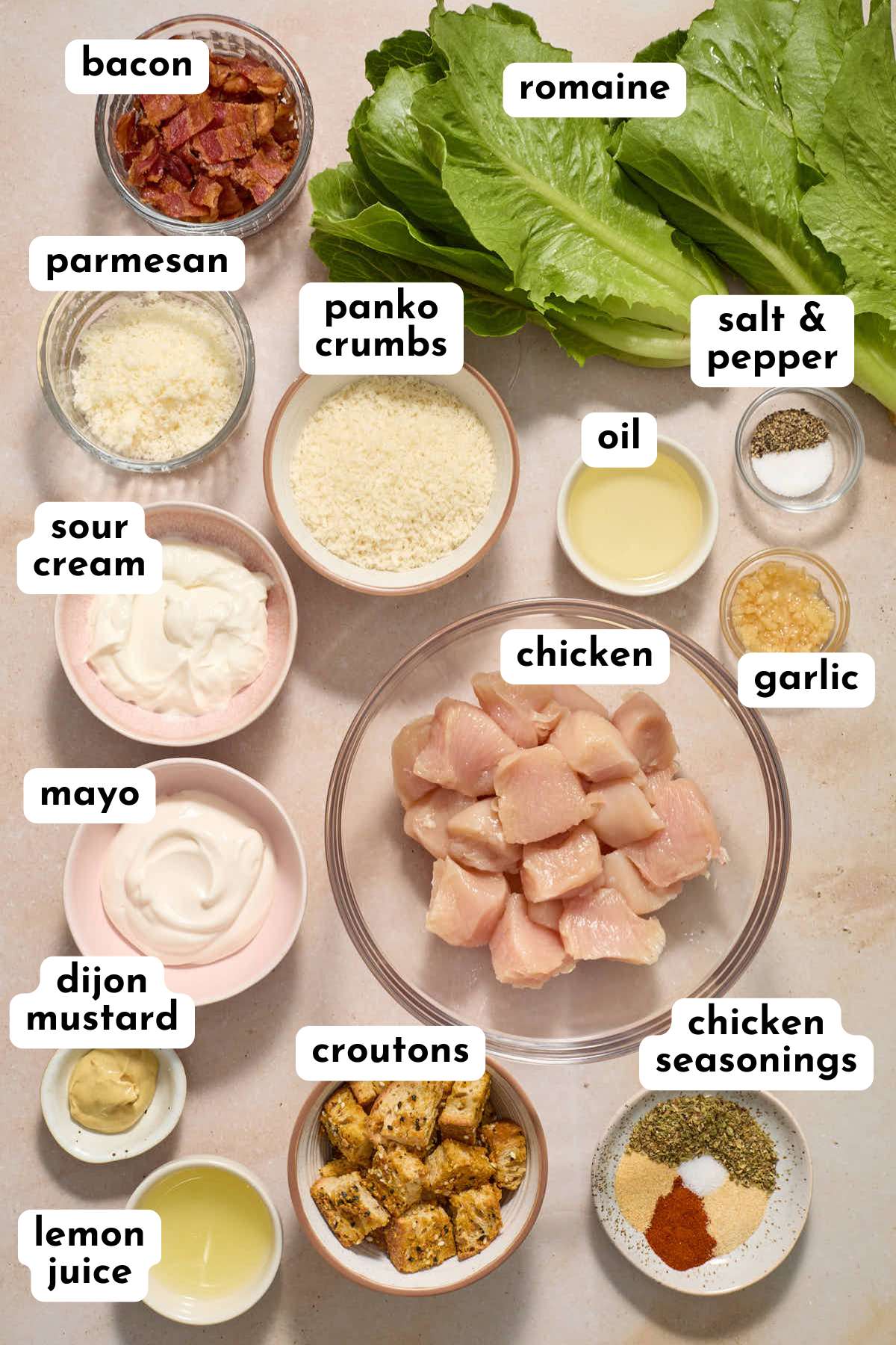 Ingredients to make air fryer chicken caesar salad arranged individually and labeled.