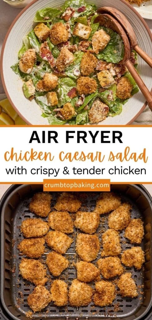Pinterest image for air fryer chicken caesar salad - long pin with 2 images.