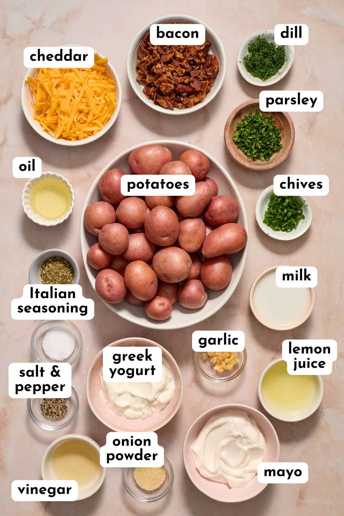 Ingredients to make air fryer potato salad with labeled ingredients.