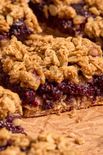 Blueberry breakfast bars on brown parchment paper.