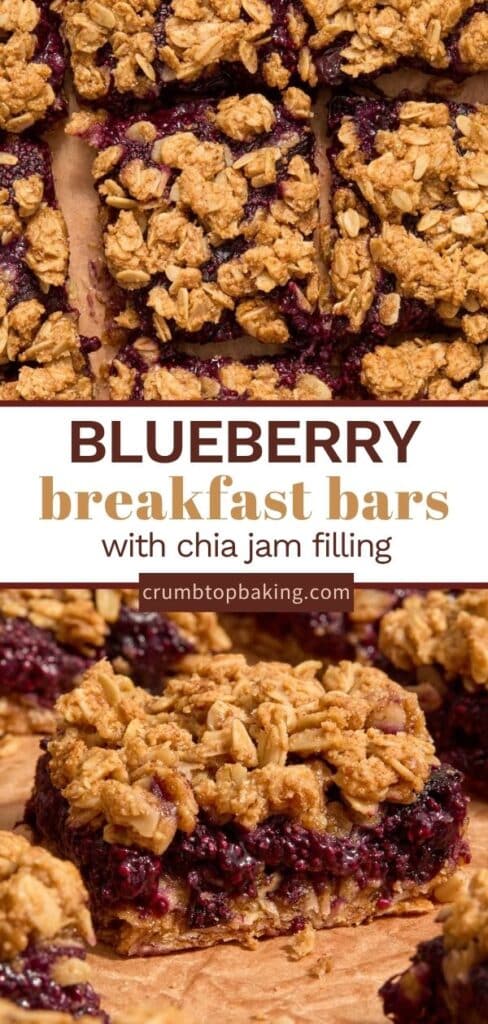 Pinterest image for breakfast bars with blueberry chia jam filling.