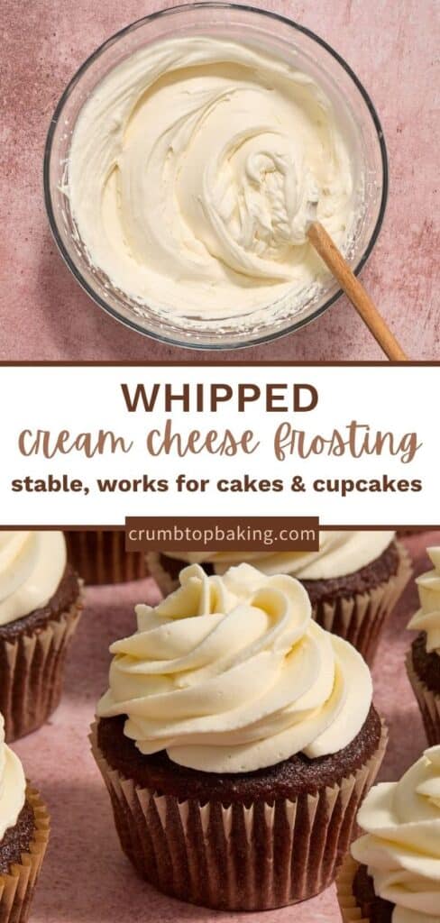 Pin image with two images and text reading whipped cream cheese frosting.