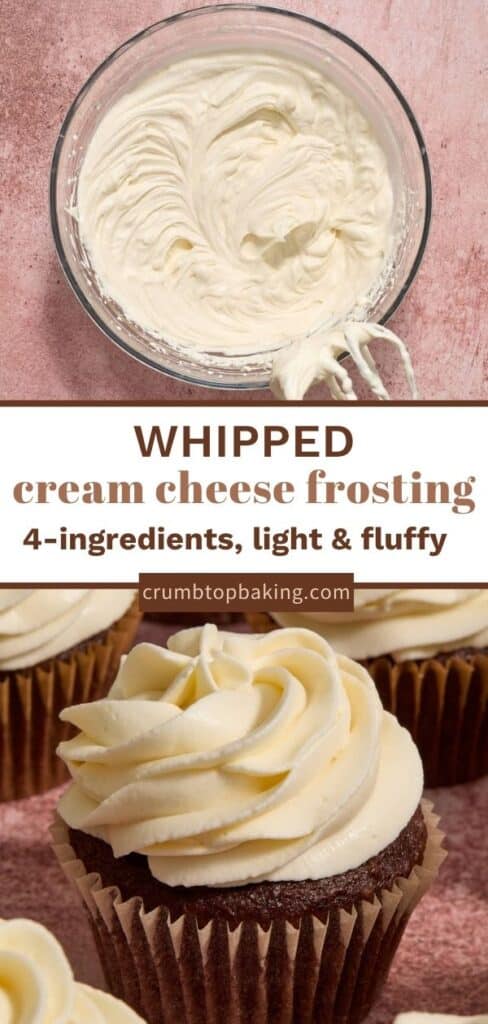Pinterest image for whipped cream cheese frosting - long pin with two images.
