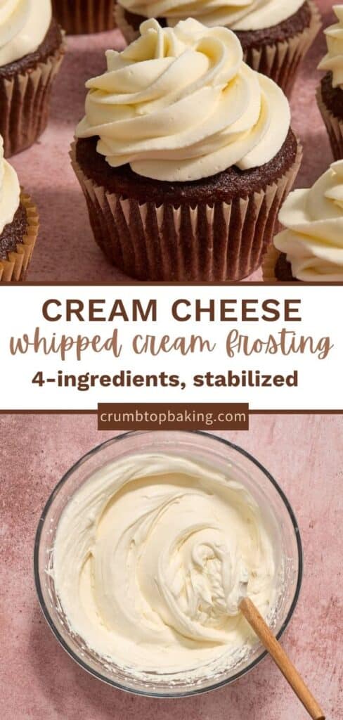 Pin image for whipped cream cheese frosting with two images.