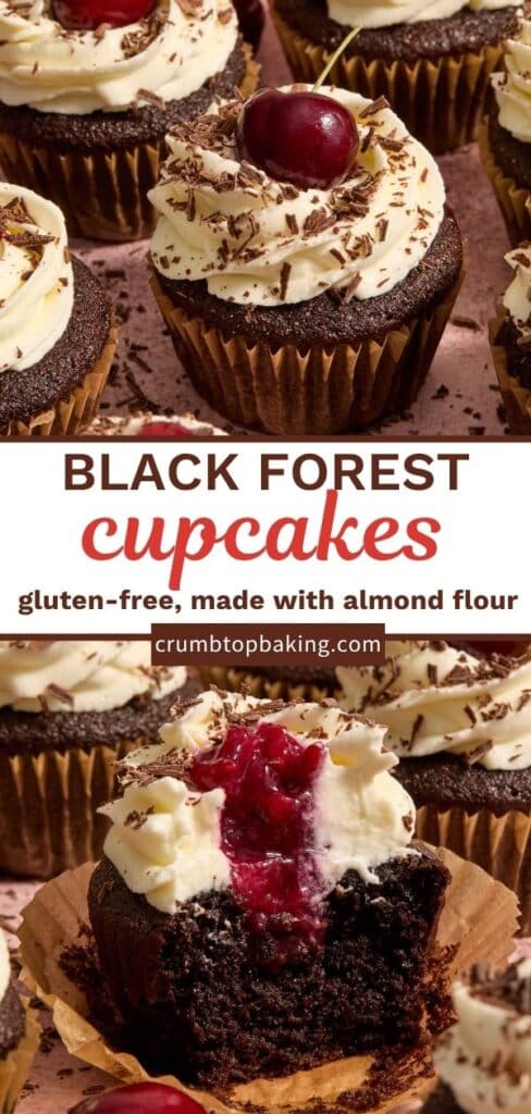 Pinterest image showing 2 different pictures of black forest cupcakes.