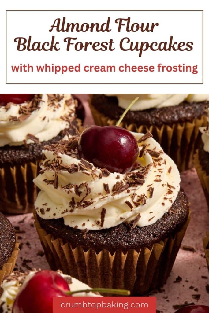 Pinterest image for almond flour black forest cupcakes showing a close up of one of the cupcakes.