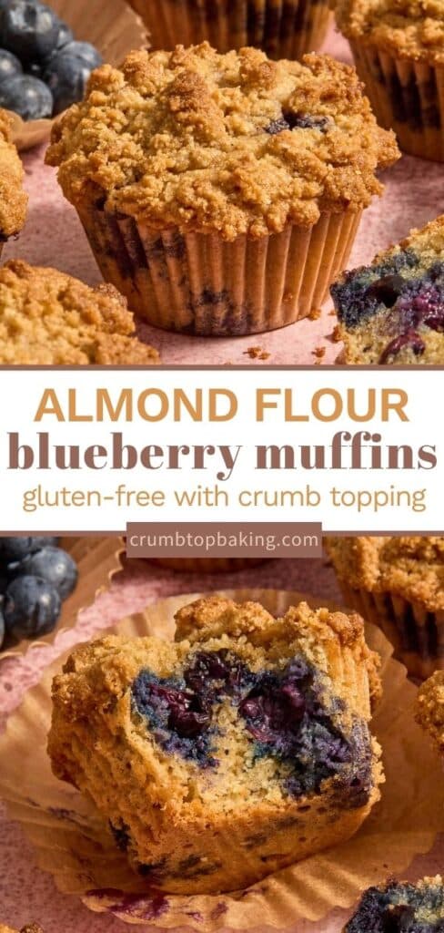 Long pin with 2 images showing blueberry coffee cake muffins.
