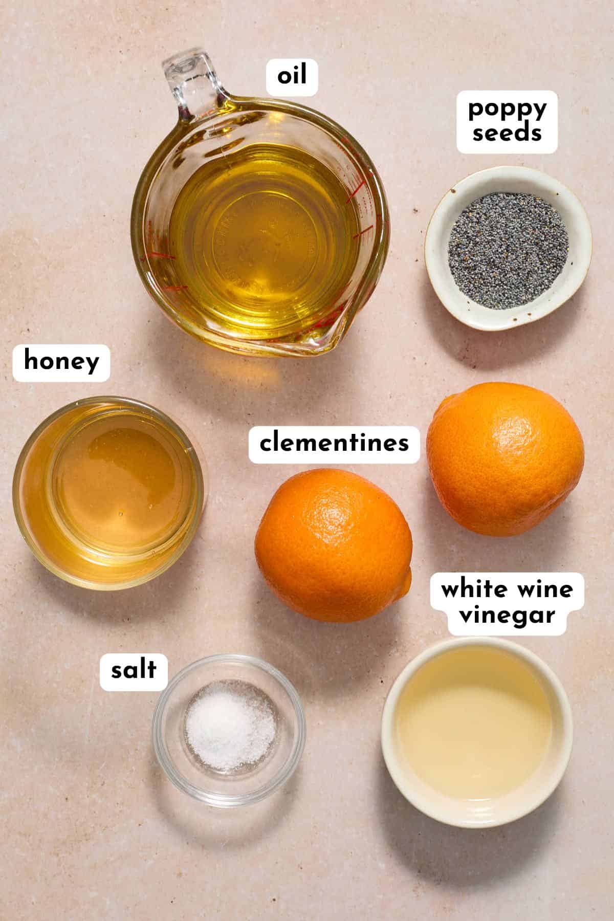Ingredients to make orange poppy seed dressing arranged individually and labeled.