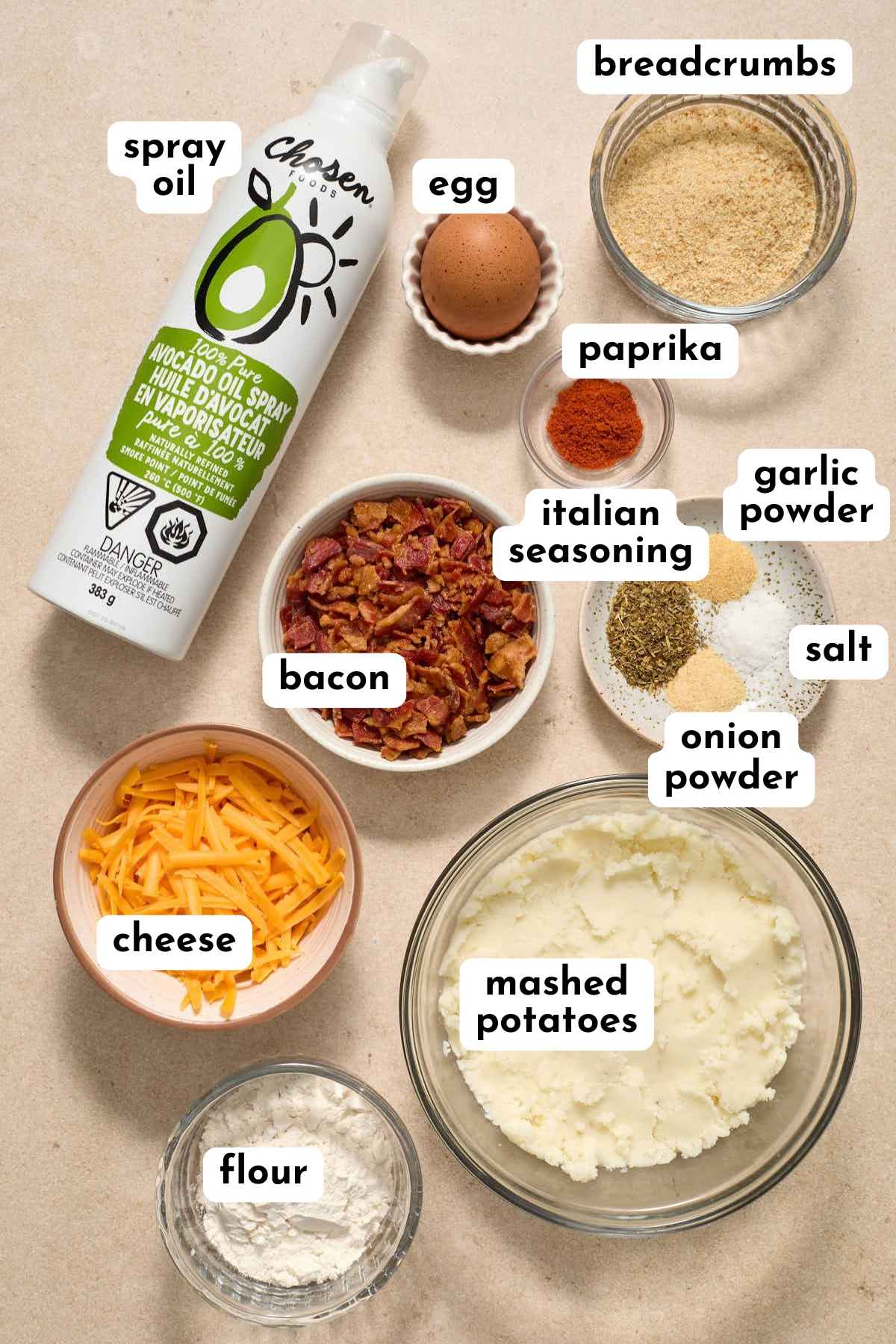 Ingredients to make mashed potato balls arranged individually and labeled.