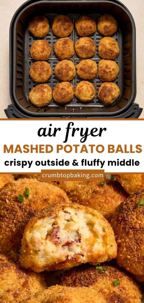 Air fryer mashed potato balls Pinterest image with 2 images.
