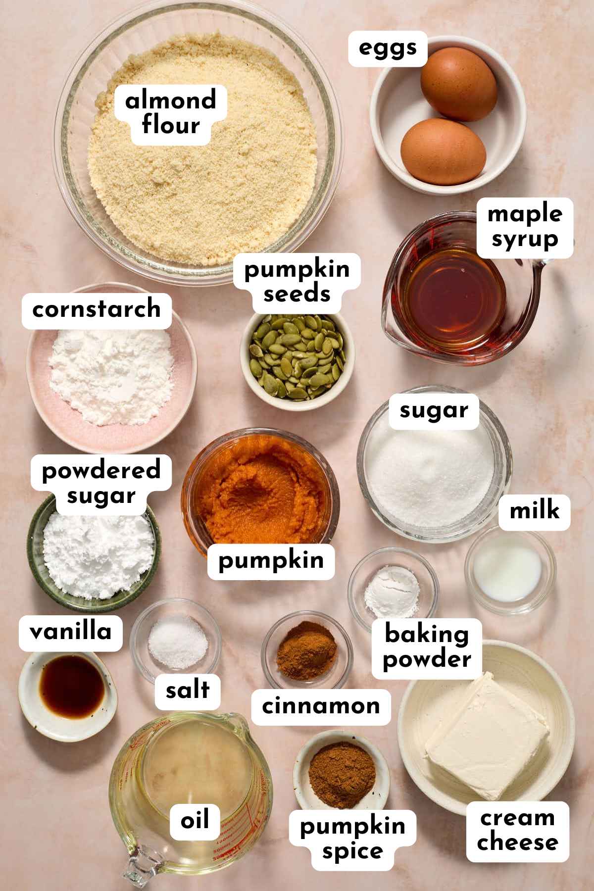 Ingredients to make pumpkin cream cheese muffins arranged individually and labeled.