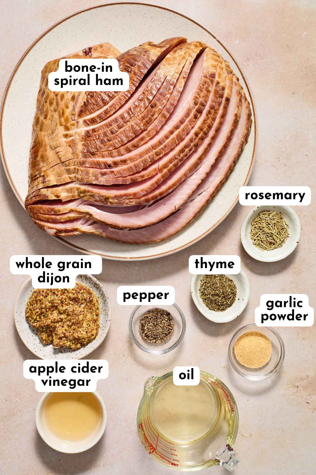 Ingredients to make air fryer ham arranged individually and labeled.