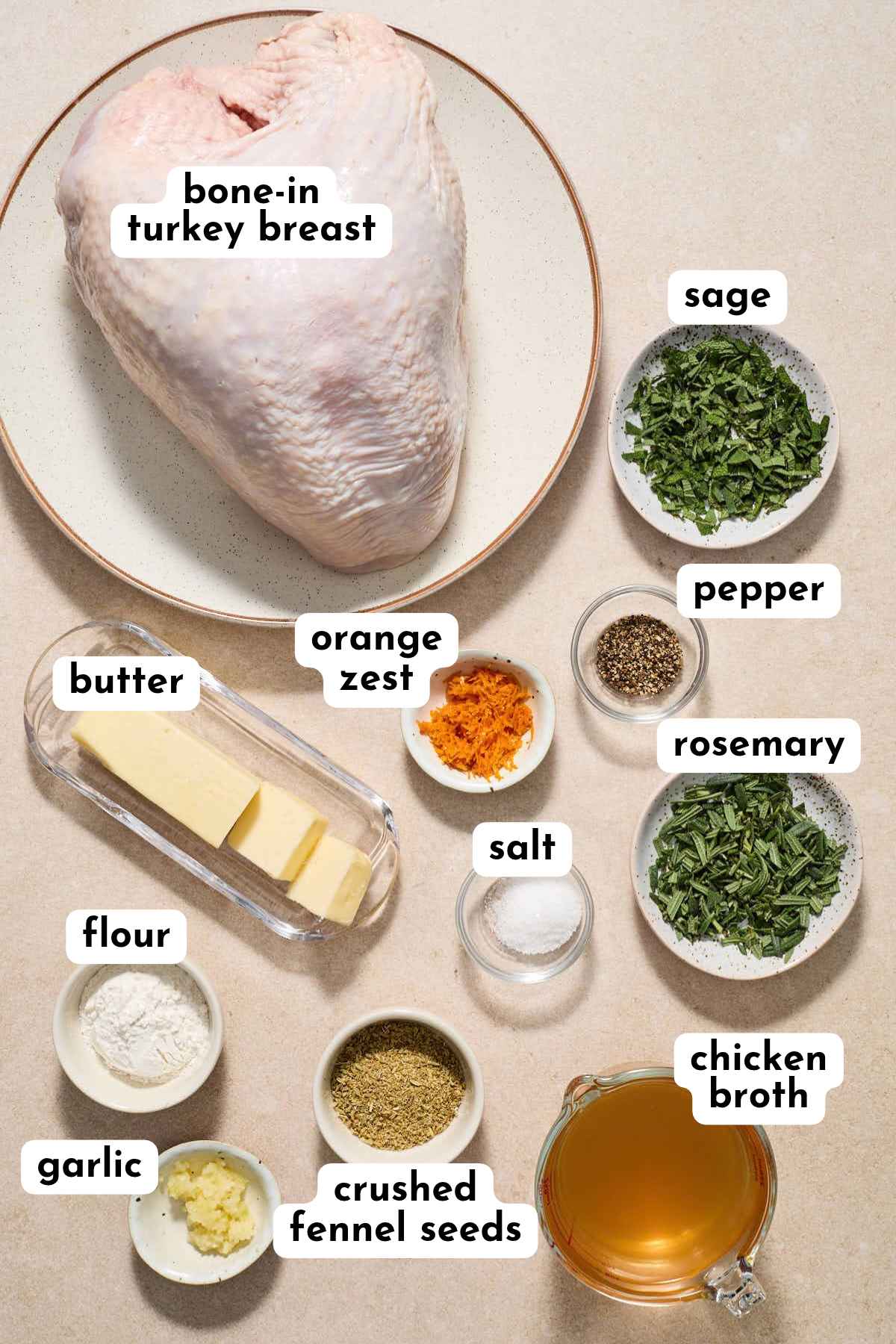 Ingredients to make an air fried turkey breast arranged individually and labeled.